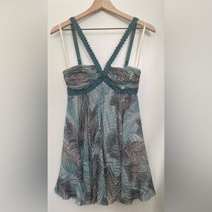 BCBGMaxAzria Teal and Black Leaf Print Cocktail Dress